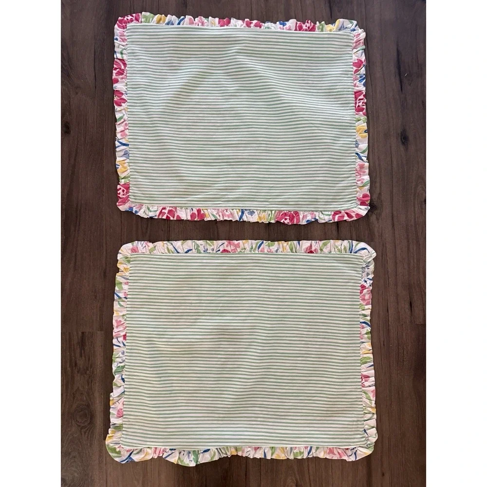 Southern Tide Kiawah Floral Pillow Shams (2) Reversible Pink Green Stripe Ruffle
